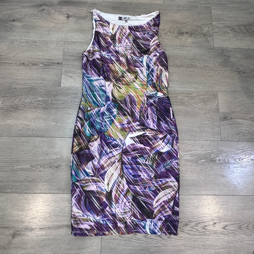 Jennifer Lopez Womens Tropical Palm Print Ribbed Sheath Dress Purple XSmall XS